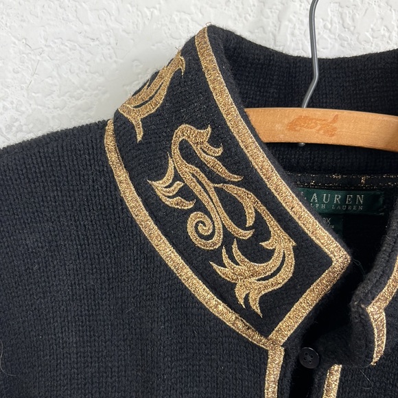 LRL Navy Marine Nautical Officer Metallic Gold Piping Cardigan Sweater - Picture 4 of 8